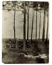 Ein Bild, das Bume, einen Mann an einem Oldtimer und eine Frau auf einer Picknickdecke zeigt.